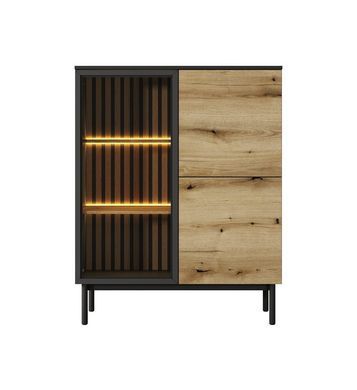 Вітрина низька з підсвіткою Perfect Home Ланг / Lang 3-дверна 3D1W/100 Чорний/дуб евок жива фотографія